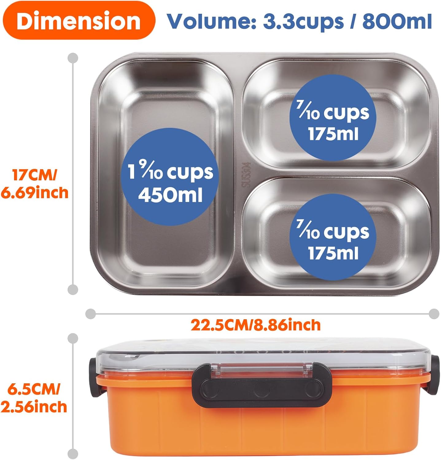 Stainless Steel Bento Lunch Box for Kids, 800ml/27oz BPA-Free Leak-Proof Food Containers with 3 Compartments, Freezer & Dishwasher Safe, Back to School Students Lunches Size for Ages 3-7 - Image 3
