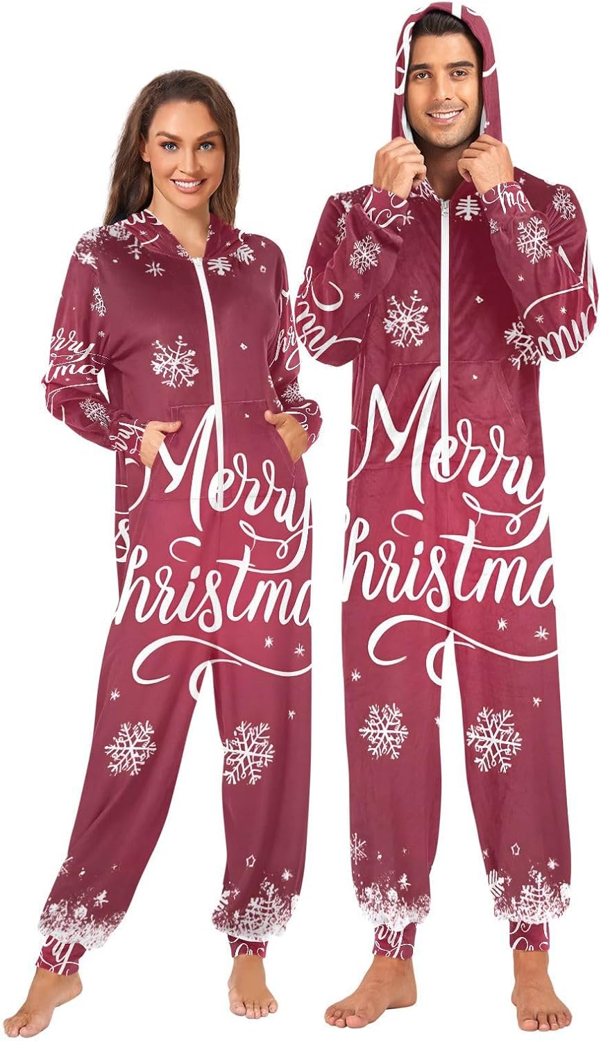Red Card Christmas White Snowflakes Adult Onesie Pajamas for Unisex Novelty One Piece Costume Sleepwear