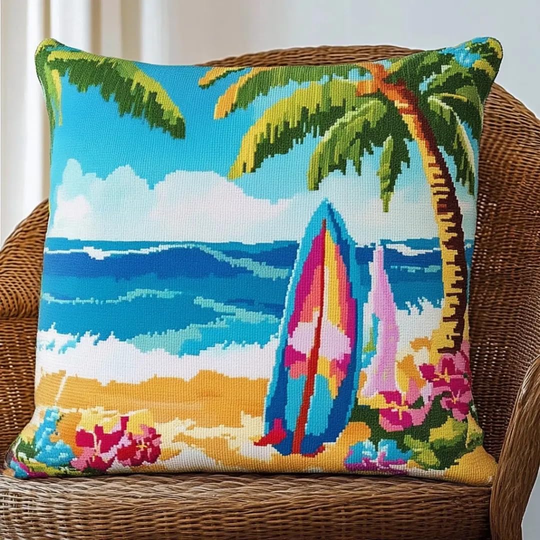 Ansiweigo Multicoloured Latch Hook Embroidery Cushion Kits Beach Surfboard Latch Hook Kit Hanging Pillow Cover Sofa Cushion Beginners Diy Crochet Yarn Kits Craft Home Decoration 17X17 In