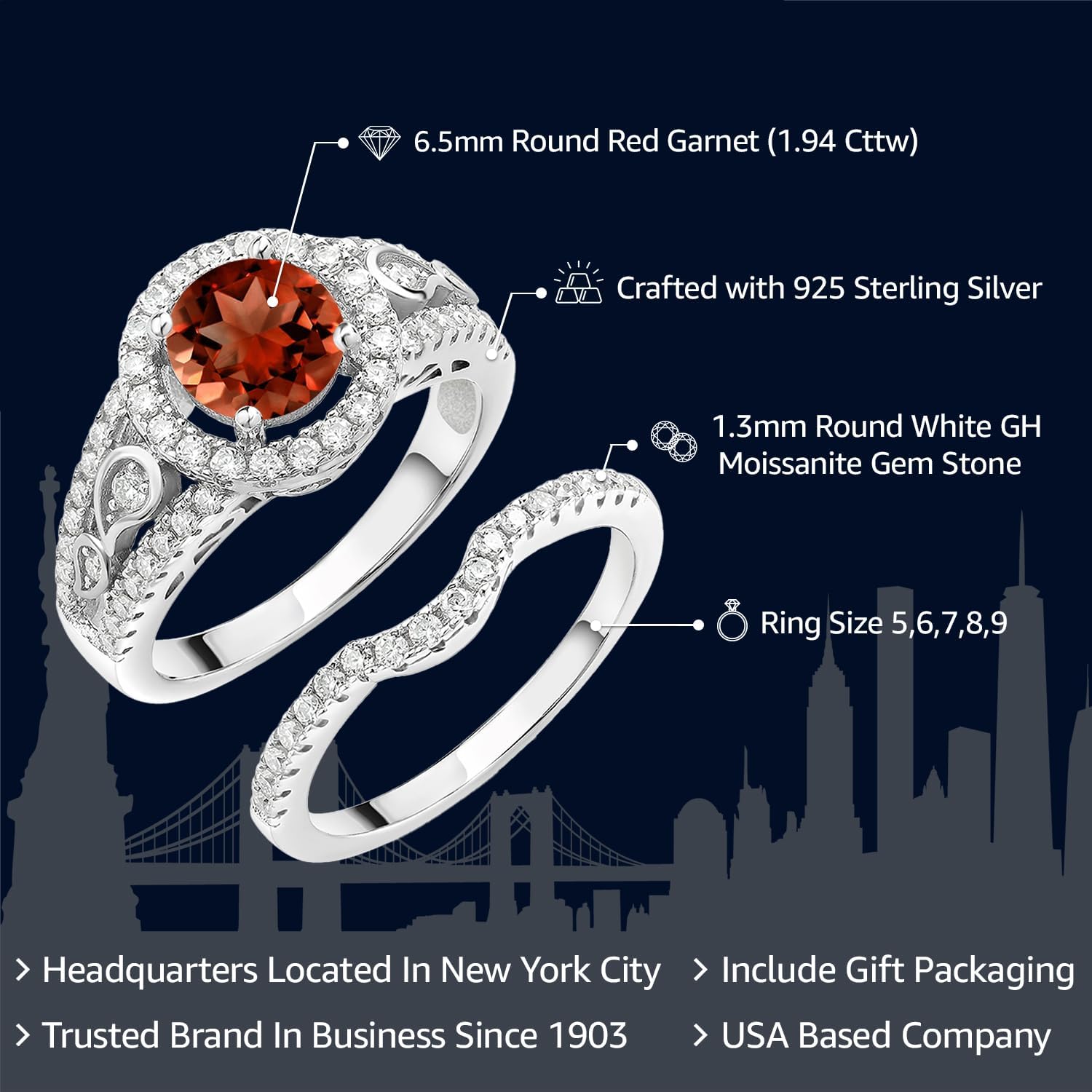 Gem Stone King 1.94 Cttw Red Garnet and White Moissanite Wedding Engagement Ring Band Bridal Set For Women | 925 Sterling Silver | Gemstone Birthstone | Available In Size 5, 6, 7, 8, 9