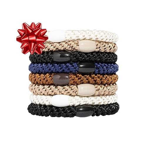 Vista 39 de Lazos dorados para cabello grueso, soportes para cola de caballo Grab & Go, paquete de 8, beige metálico, bandas gruesas sin arrugas con fuerte