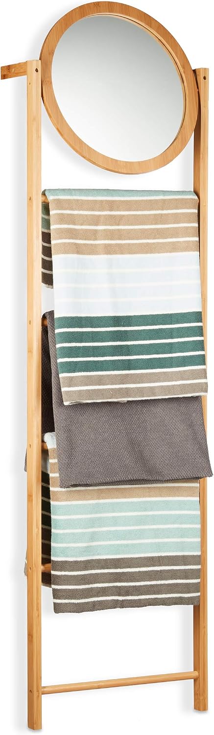 Porte-serviettes En Bambou à 6 Barres - Design Naturel & Blanc - Pour Salle De Bain Ou Cuisine - 82x55x24 Cm