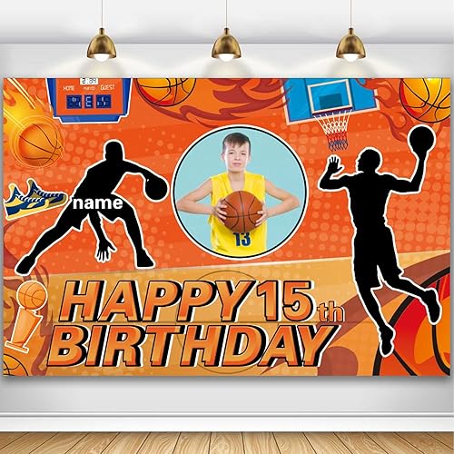 Miniatura 8 de Pancarta personalizable para decoración de fiesta de cumpleaños 6 6 cumpleaños de baloncesto, decoración de fondo deportivo de baloncesto de feliz 6
