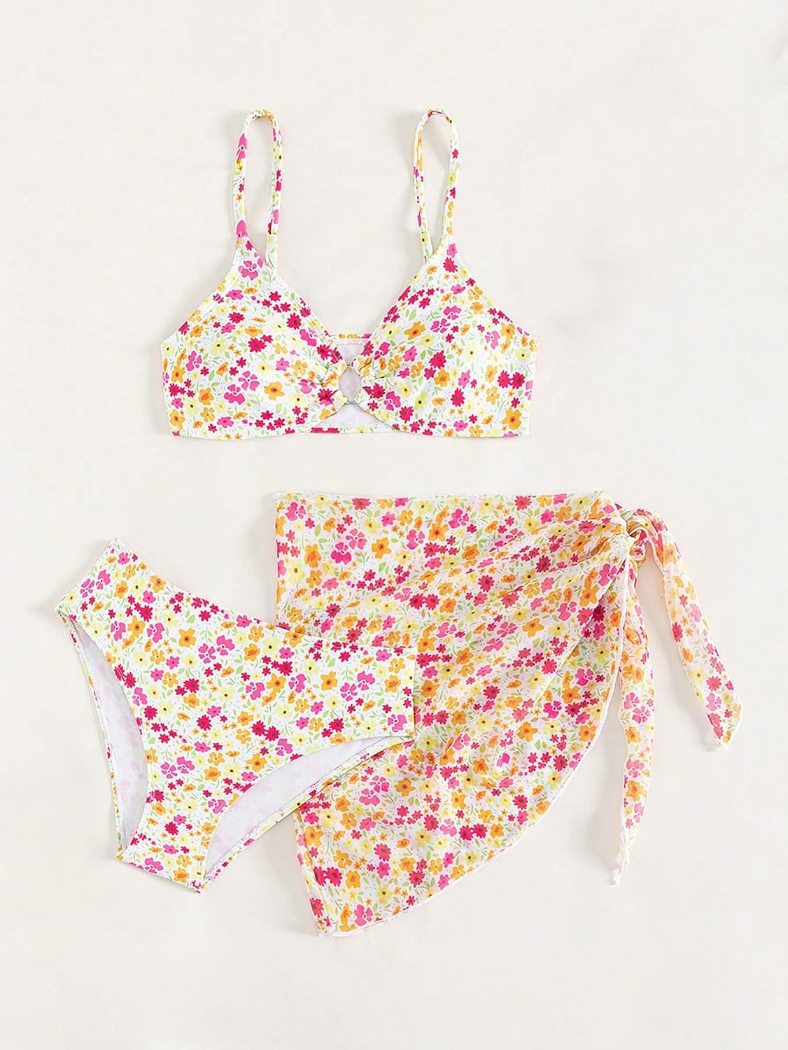 OYOANGLE Girl's 3 Piece Bikini Sets Floral Print Spaghetti Straps Cute Swimsuits with Beach Skirt Bathing Suits
