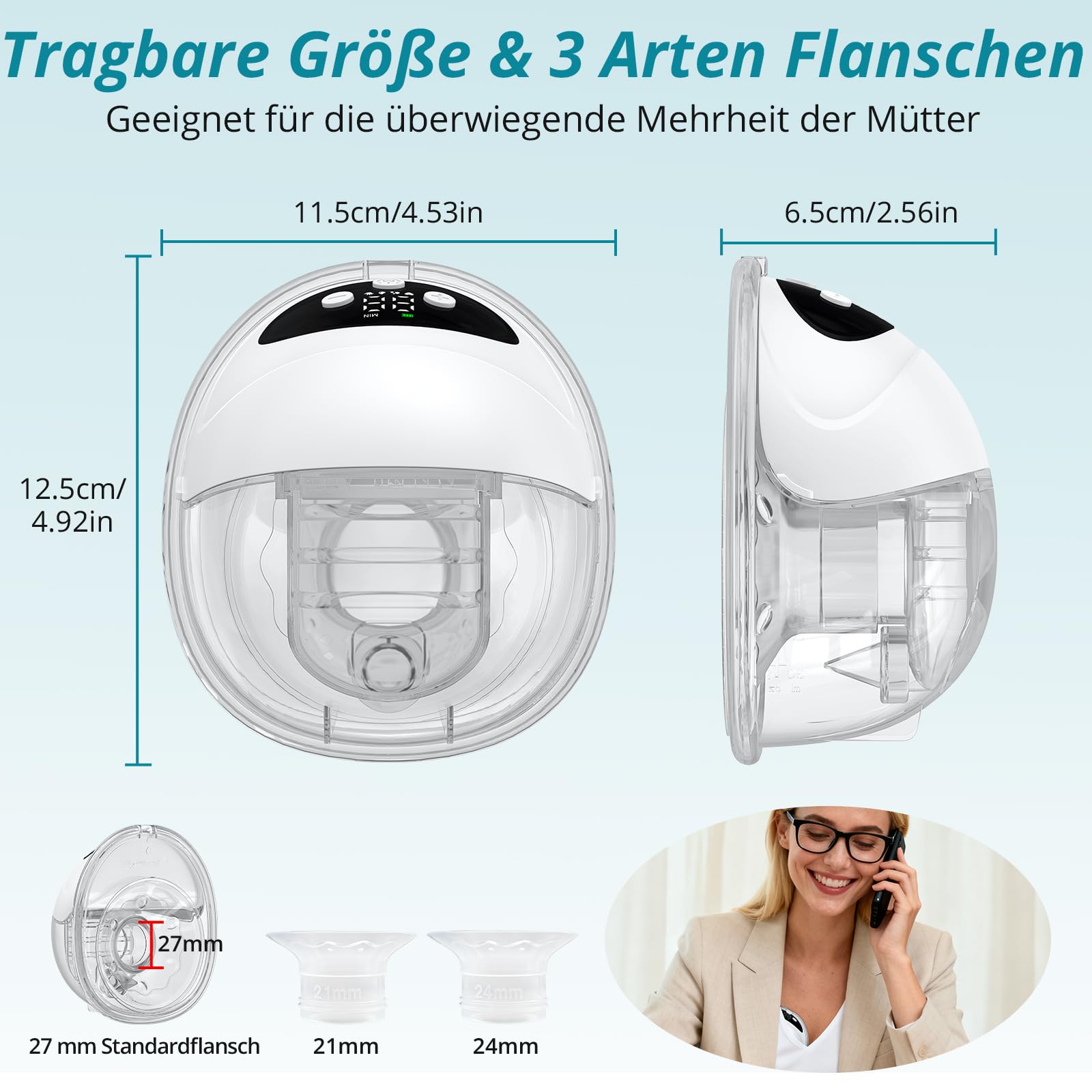Doppelmilchpumpe Elektrisch Freihändig Leise Abpumpen | 4 Modi & 12 Saugstufen, mit USB-Aufladung, 21mm/24mm/27mm Komfortabler Flansch für Büro Unterwegs Reisen (Weiß)