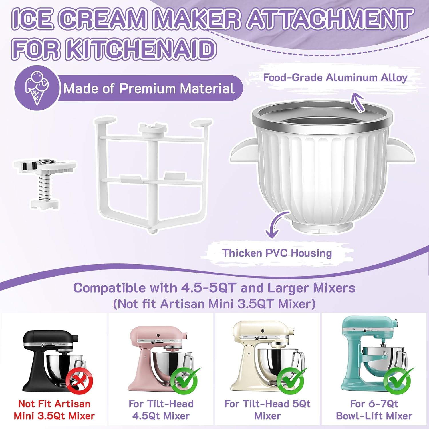 Ice Cream Maker Attachment for KitchenAid Stand Mixer, Fits 4.5Qt and Larger KitchenAid Mixers, 2 Quart Frozen Yogurt, Sorbet & Gelato Ice Cream Bowl by Focollk