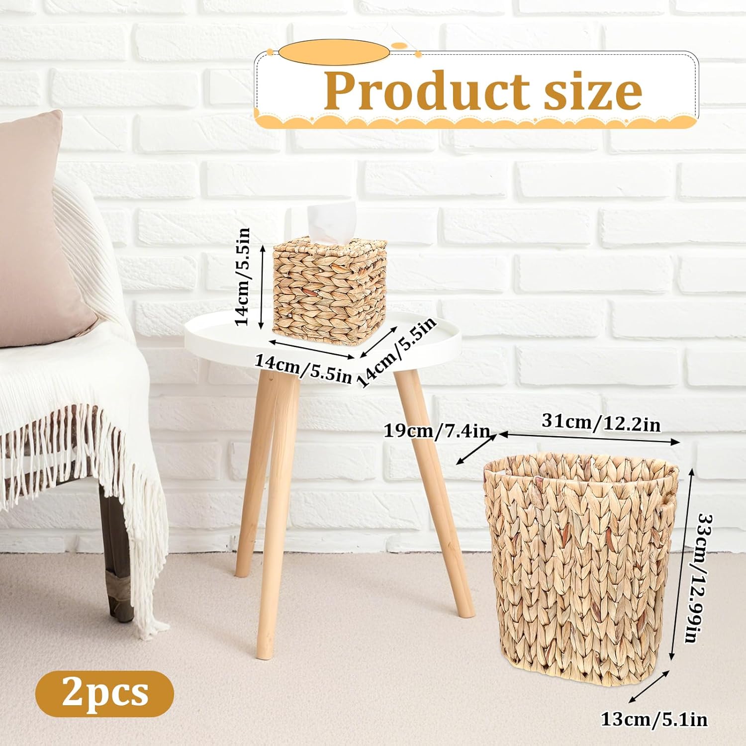 Water Hyacinth Trash Can Wicker Square Tissue Cover Box Bathroom Waste Basket with Handles Rattan Tissue Case Holder Boho Decorative Woven Home for Bedroom Living Room Kitchen Bathroom Office