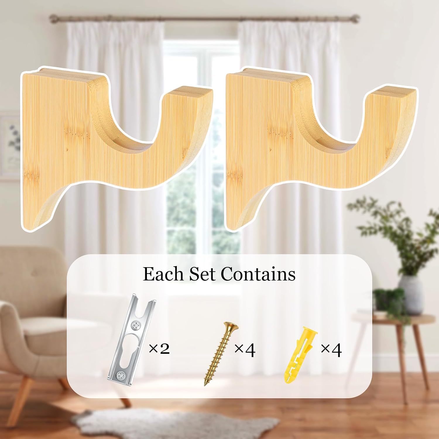 2 Pack Wooden Curtain Rod Brackets, Wood Curtain Rod Holders for Wall, Easy Installation for 2 Inch Rods, Versatile for Living Room, Bedroom, Kitchen, Bathroom(Wood Color)