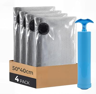 Vakuumbeutel für Kleidung, 4er-Set Vakuumbeutel (4 * 50x40cm), Vacuum Bags for Clothing mit Handpumpe für Reisen, Umzüge, Aufbewahrung