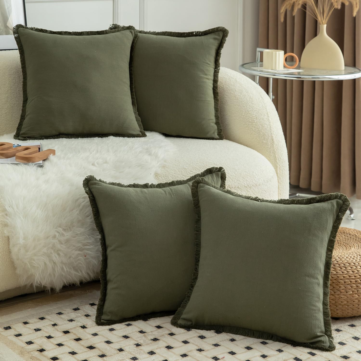 MANDIOO Set of 4 Neutral Cotton Fringe Decorative Throw Pillow Covers 18x18 Inch Boho Farmhouse Cushion Covers Cozy Tassels Pillowcase for Couch Sofa Bedroom Living Room Home Decor Olive Green