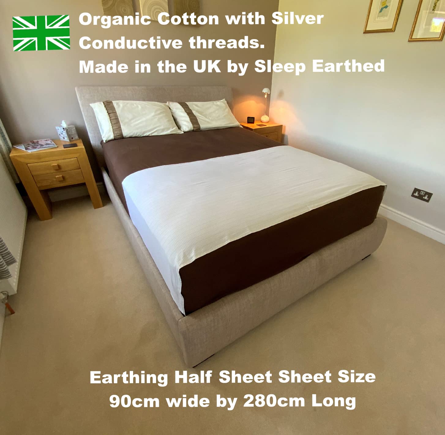 SleepEarthed Earthing Half Sheet UK MADE 280cm x 90cm. Sleep Better By Grounding The Body. Inc Plug & Cable. Organic Cotton., Beige - Image 2