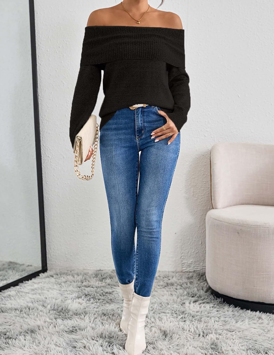 SunnyMelody Womens Off The Shoulder Sexy Sweater Fall 2025 Trendy Ladies Dressy Chunky Ribbed Knit Slim Fit Pullover Tops - Image 6