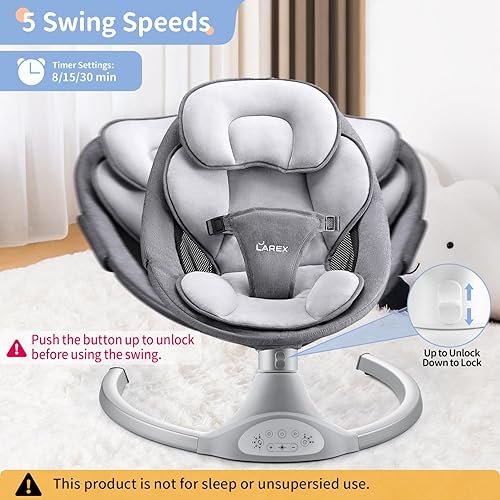 Miniatura 2 de LAREX Columpio eléctrico para bebé, balancín portátil para bebé recién nacido, 5 velocidades de balanceo con control remoto, 10 melodías