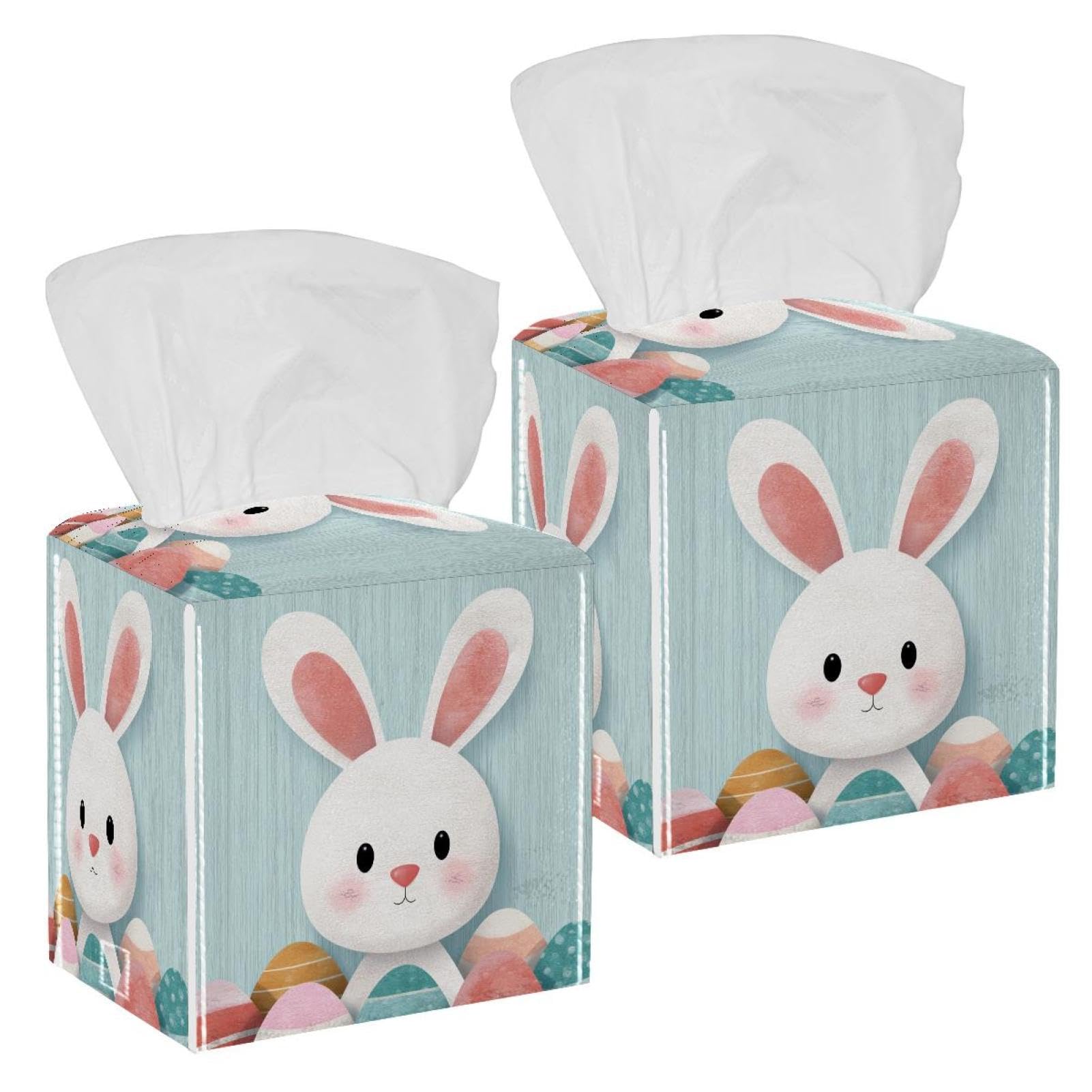 Rabbit and Easter Eggs Tissue Box Cover, 2 Pack PU Leather Square Facial Tissue Dispenser Box holder for Home Office Car