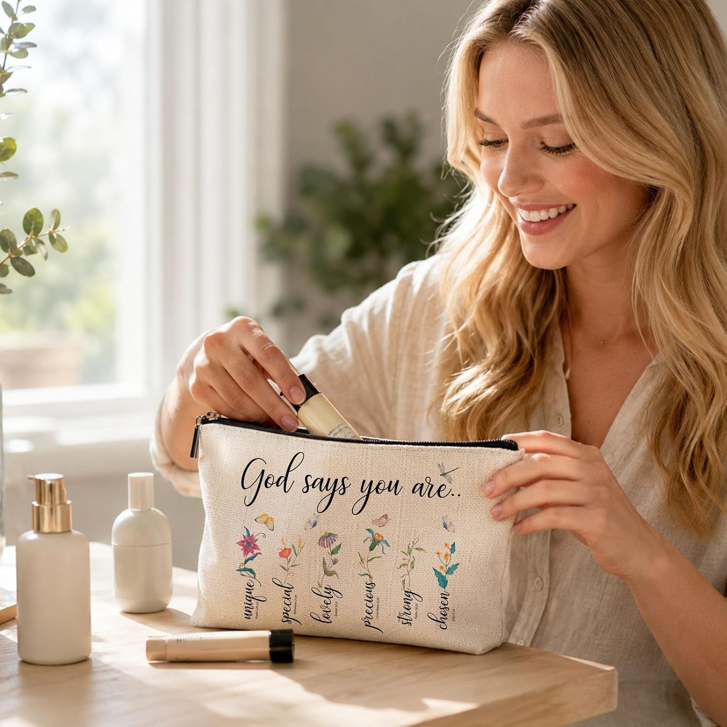 Christian Floral Makeup Bag, Bible Affirmation, God says you Bag image 2