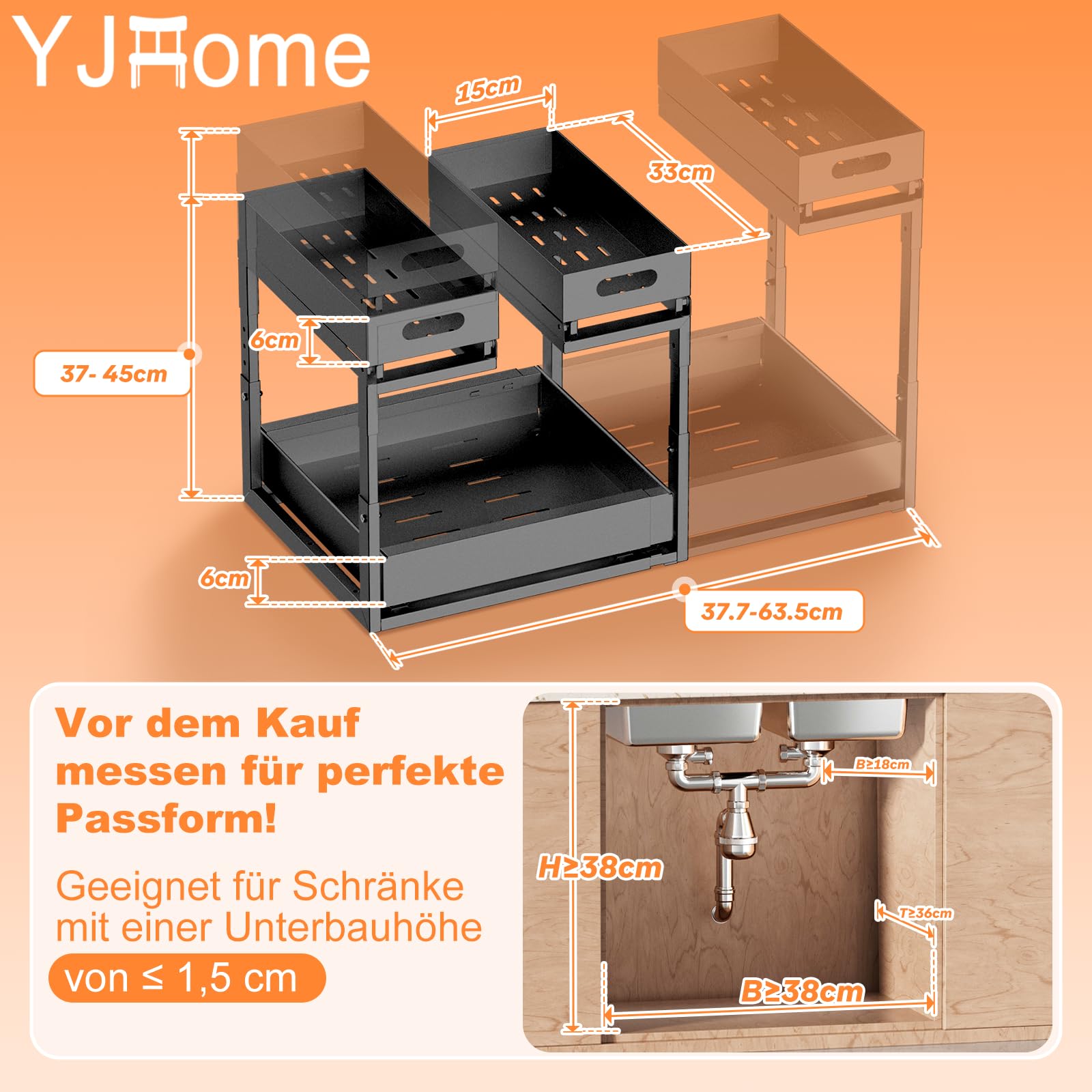YJHome Ausziehbare Spülschrank Organizer, Metall Unter Waschbecken Regal 2 Etagen, Verstellbare Breite Höhe, Herausziehen Under Sink Organizer für Küche, Bad, Unterschrank, 1-Stück-Plus Schwarz