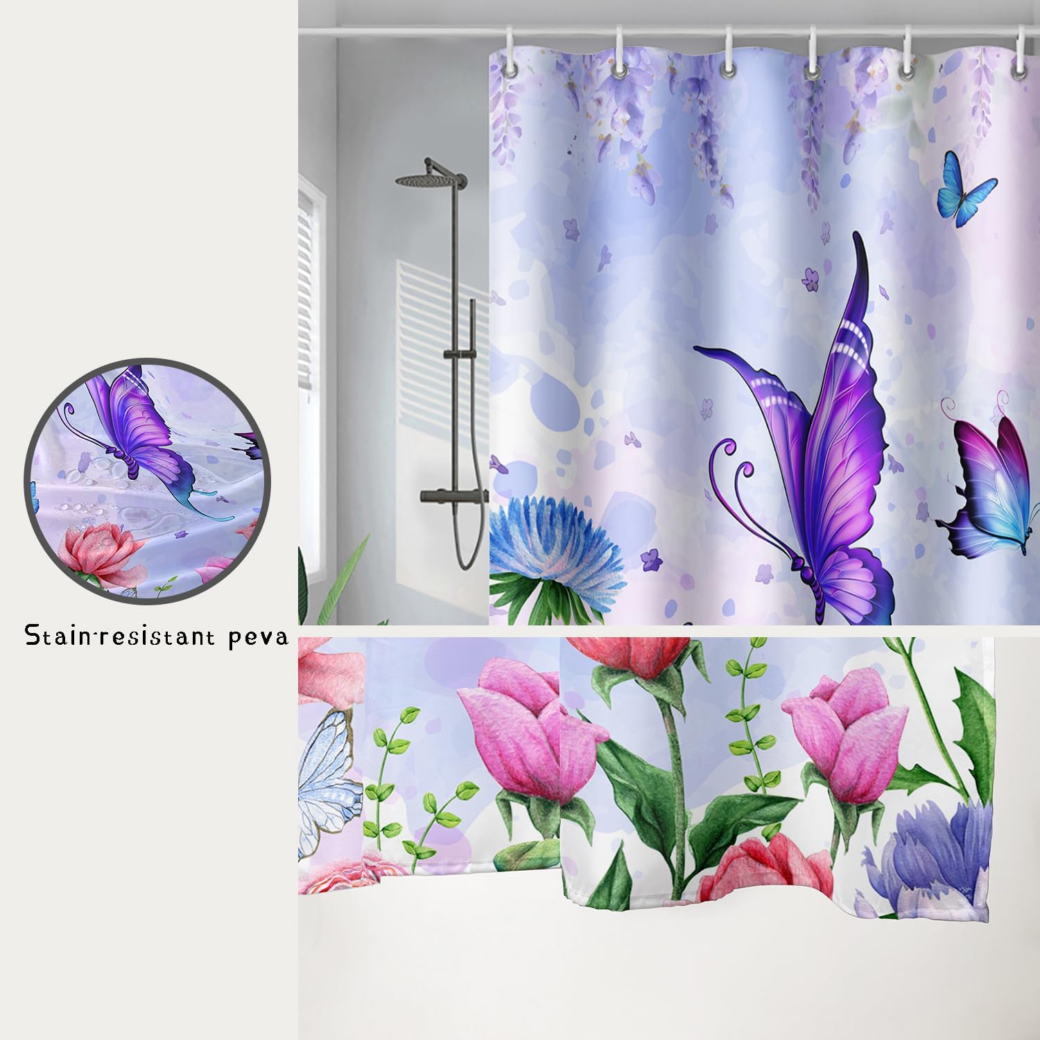 AILONEN Girls Butterfly Shower Curtain for Bathroom,Colorful Floral Flower Purple Watercolor Butterfly Printed Bath Curtain 72" W*84" H Polyester Fabric Waterproof Bathroom Curtain with 12 Hooks