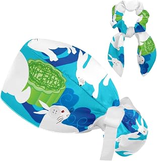 FVQL 2 Pieces Surgical Cap for Long Hair Scrub Cap with Hairband Nurse Cap, Chinese Style Moon Cake and Rabbit