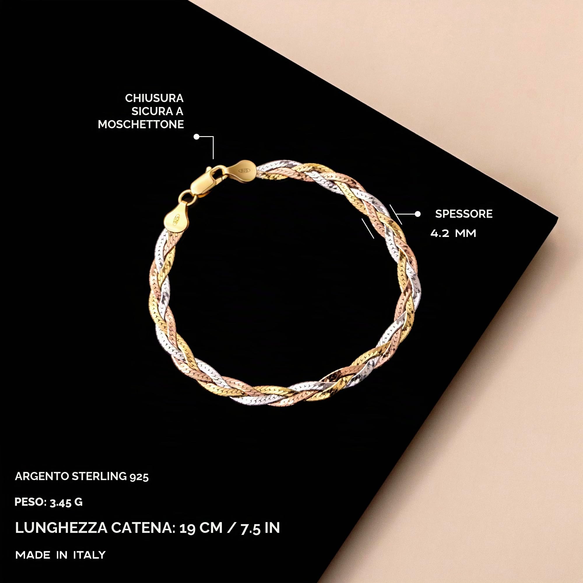 Amberta Bracciale da Donna in Argento Sterling 925 Maglia Spina di Pesce Lunghezza 19 cm