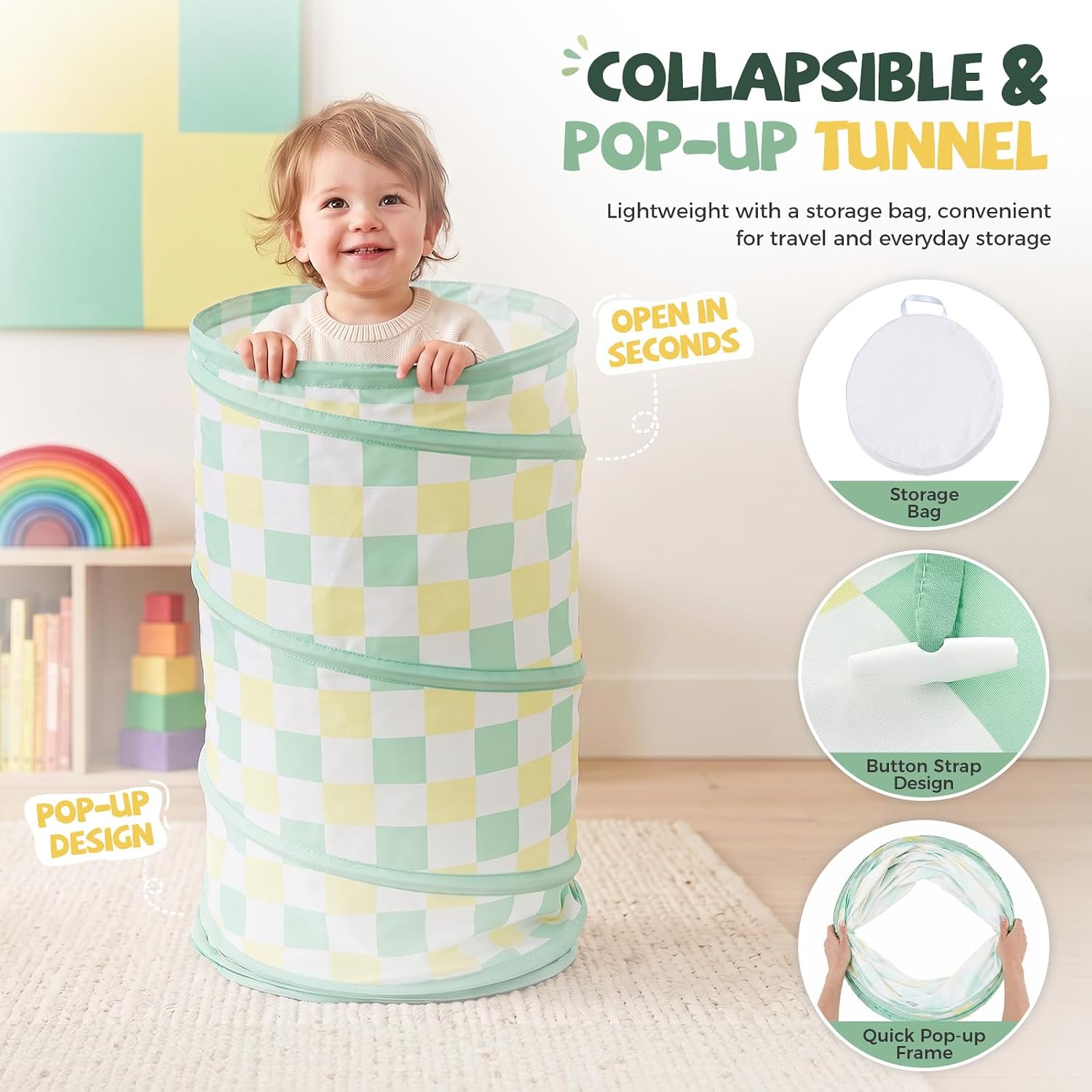 Swehouse Kids Play Tunnel for Toddlers 1-3: Checkerboard Pop Up Crawl Tunnel Soft Peachskin Fabric Baby Tunnel, Indoor Outdoor Sensory Toy with Carry Bag for Boys Girls Pet Cat Small Dog(Yellow Green) image 3