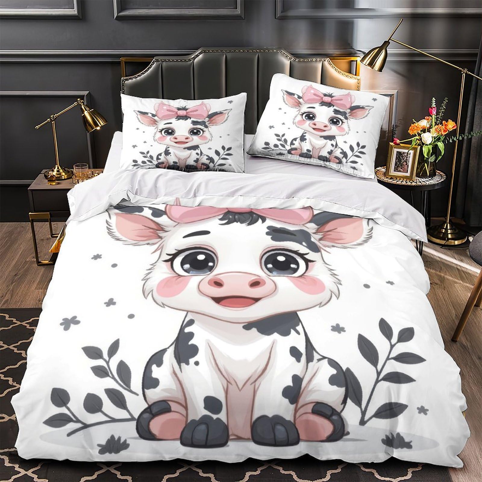 Housse de couette bébé vache 260x220cm en microfibre lavable avec 2 taies d'oreiller pour enfants