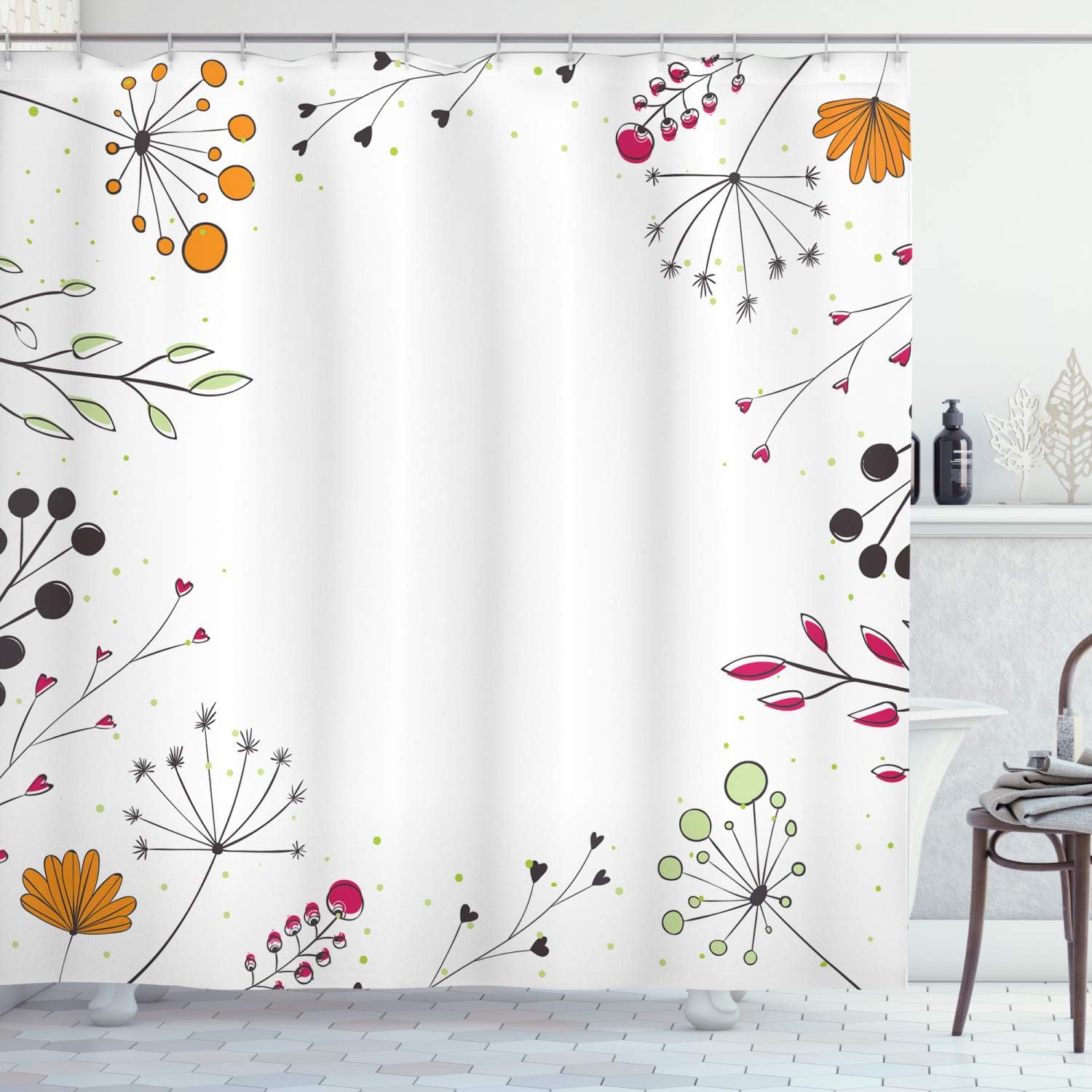 Ambesonne Modern Shower Curtain, Floral Branches Geometric Flowers Nature Art Print, Cloth Fabric Bathroom Decor Set with Hooks, 69" W x 84" L, Pistachio Green Magenta