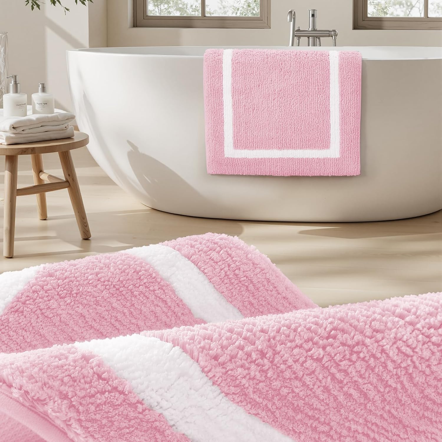 HOMEIDEAS Bathroom Rugs Sets 2 Piece, Super Soft and Absorbent Microfiber Tufted Bath Mats, Non-Slip and Machine Washable Bath Rugs(Light Pink) - Image 8