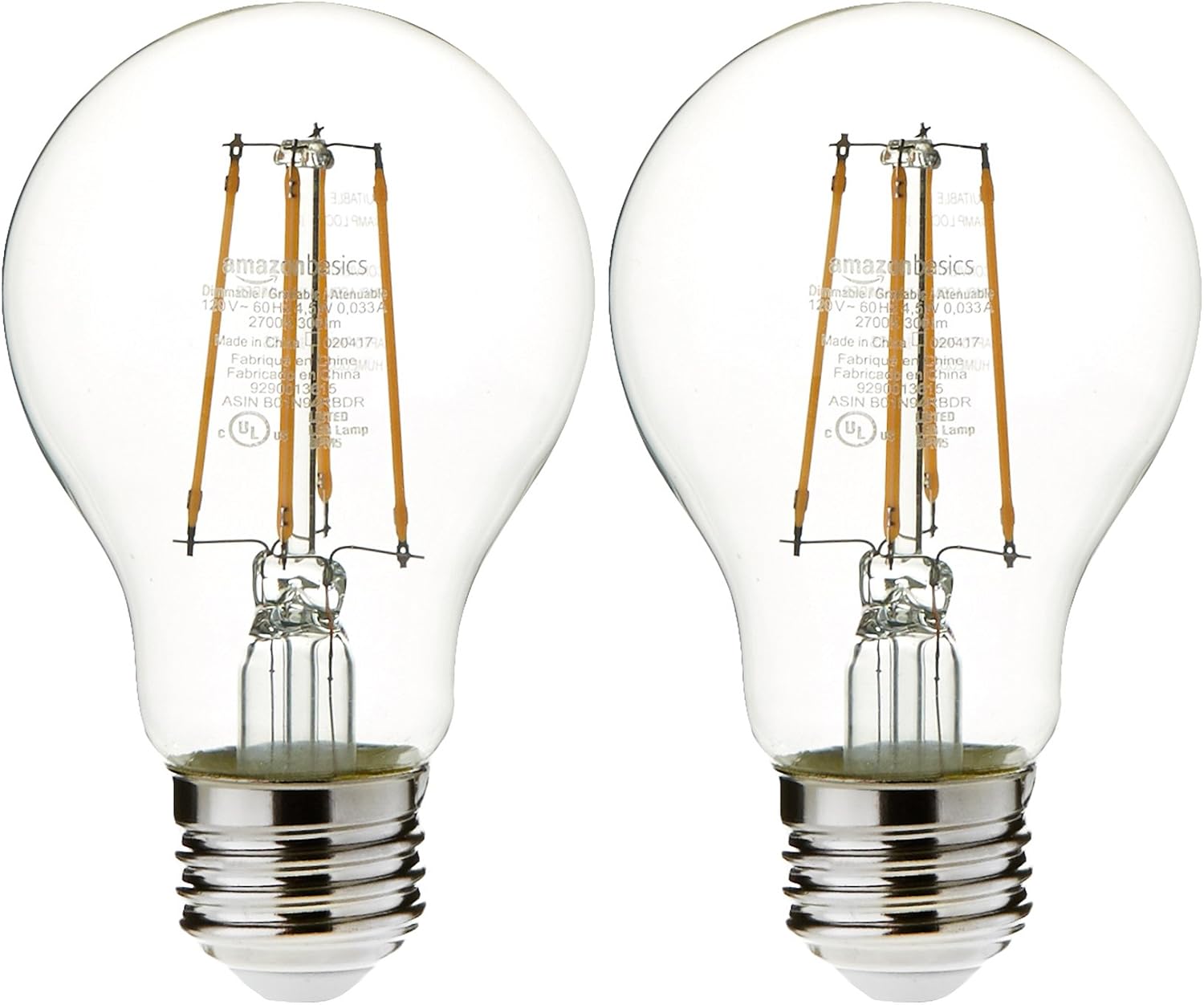 Amazon Basics 25 Watt Equivalent, Clear, Soft White, Dimmable, 15,000 Hour Lifetime, A19 LED Light Bulb | 2-Pack
