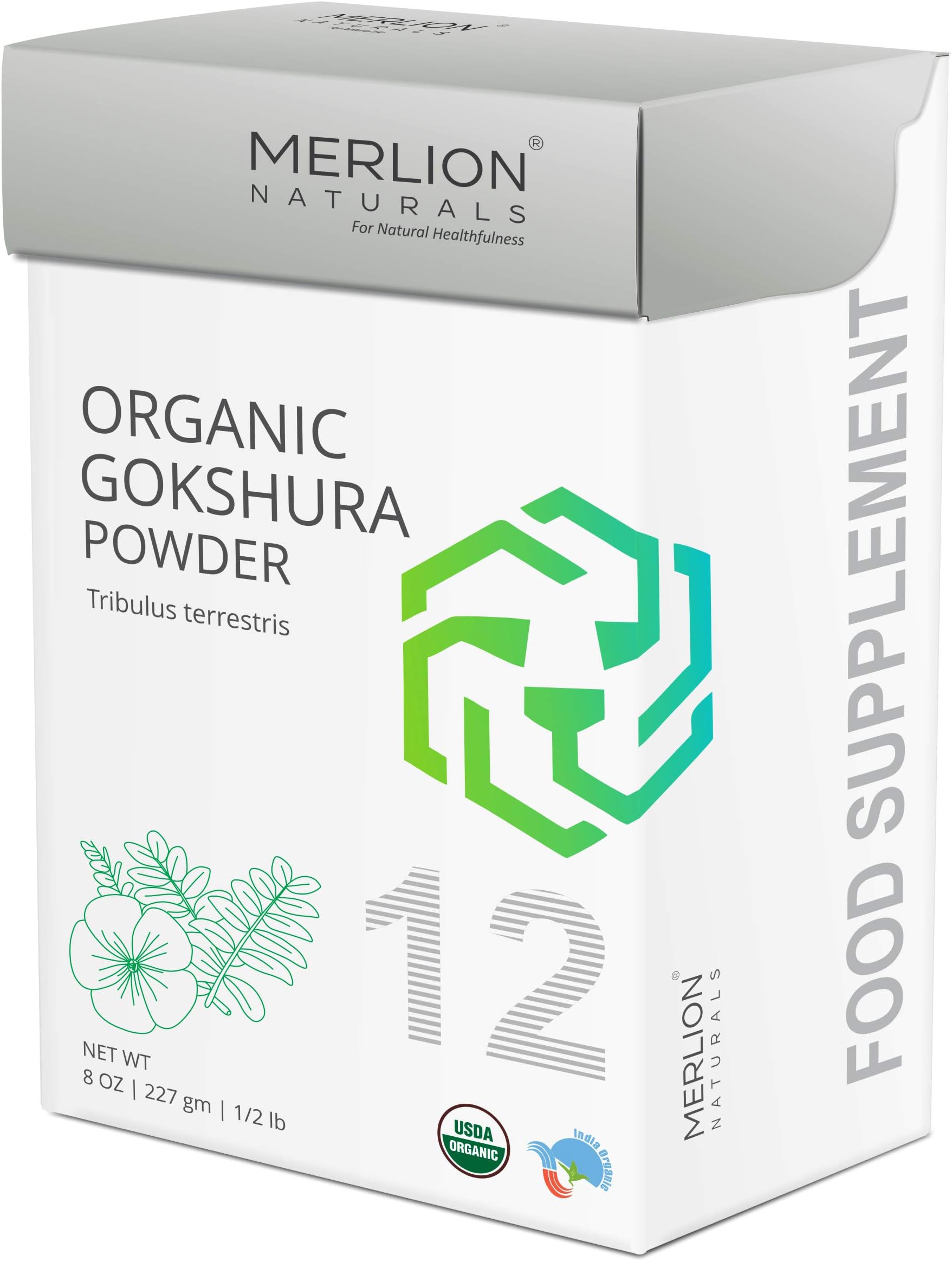 Organic Gokshura Powder by Merlion Naturals | Tribulus terrestris | 227gm/ 8OZ/ 1/2lb | USDA NOP Certified 100% Organic