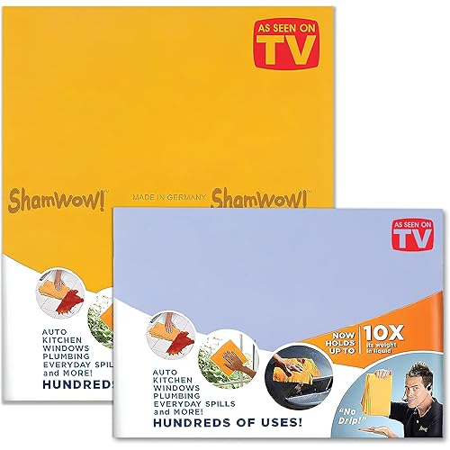 The Original Shamwow - Super Absorbent Multi-Purpose Cleaning Shammy Chamois Towel Cloth - Holds 10X its Weight in Liquid - Machine Washable - Will Not Scratch (2 Pack: 1 Large Orange & 1 Small Blue)