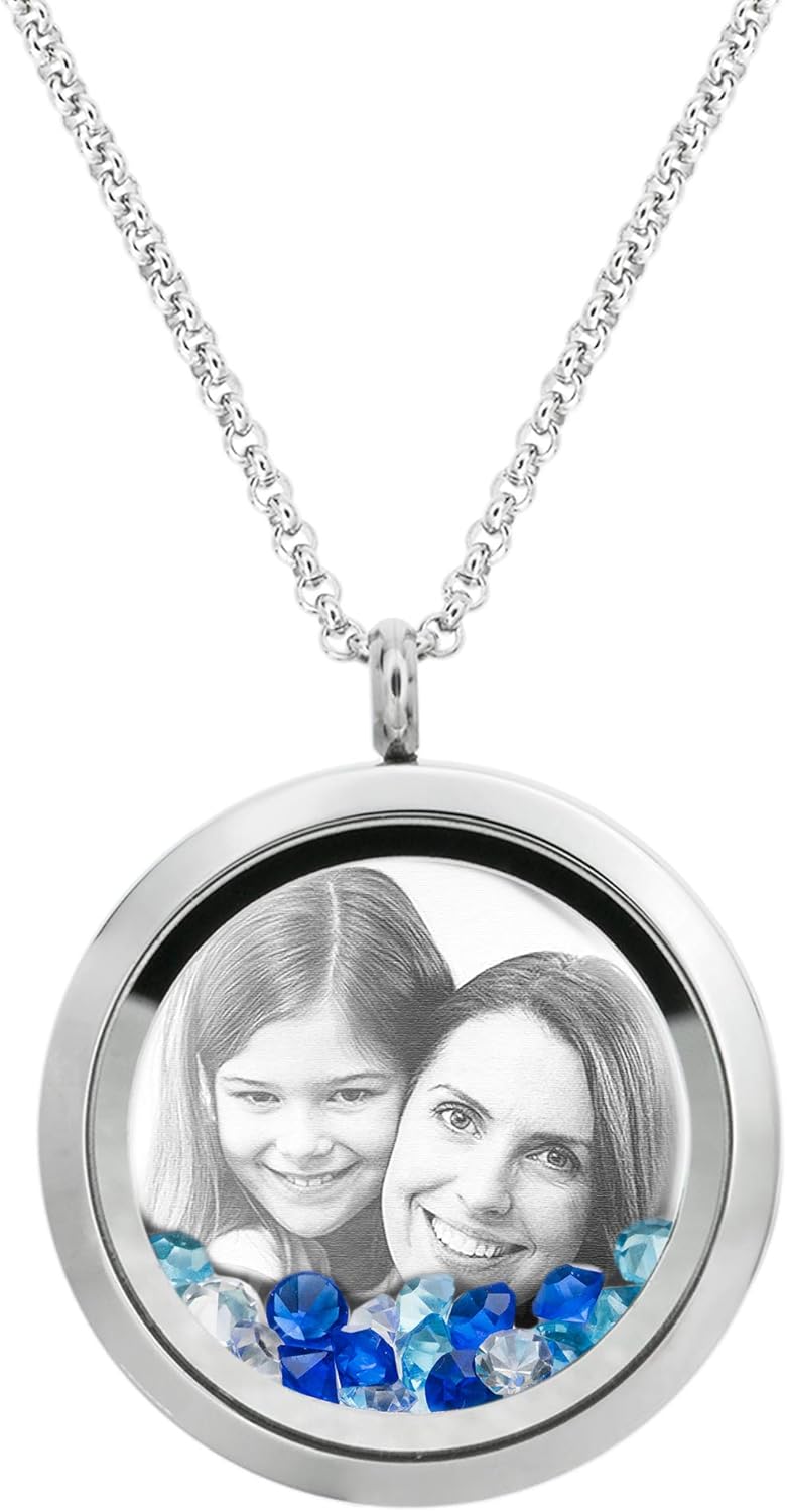 Stainless Steel Personalized Custom Photo Engraving Crystal 30mm Round Pendant Floating Locket Chain Necklace