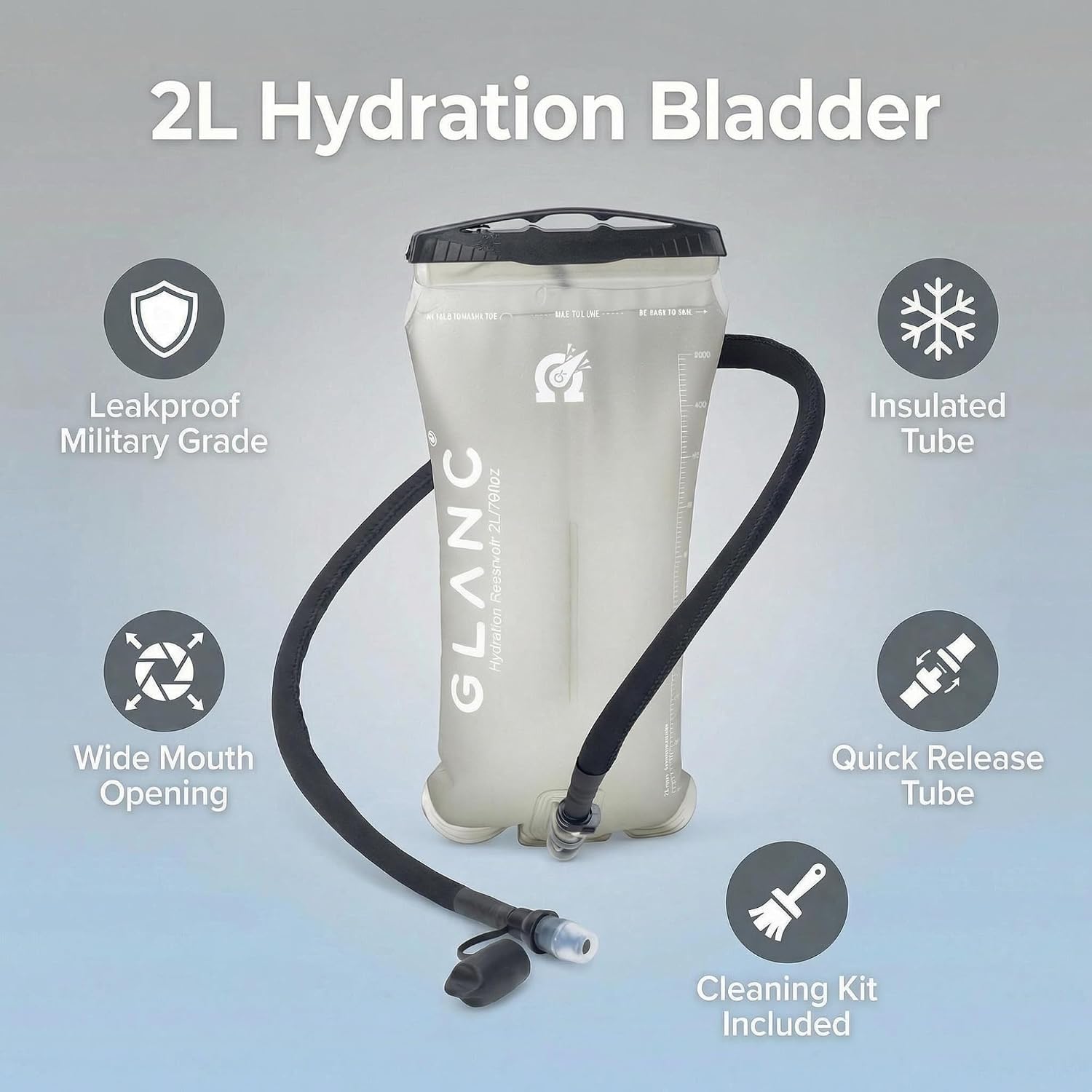 GLANC Hydration Bladder - 2L Water Bladder with Cleaning Kit for Outdoor Hiking Backpack, BPA Free Leakproof Water Reservoir for Hydration Pack, Insulated Hose & High Flow Bite Valve