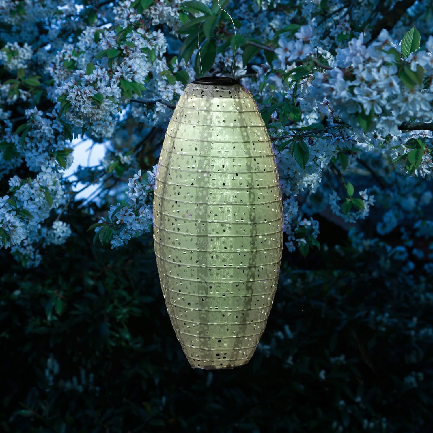 LED Solar Lampions oval mit Blumenmuster grün 25cm für Party Balkon Terrasse outdoor 2er Set Gartenlampions mit Sensor wetterfeste Solarlampe hängend Laterne (grün - 2 Stück (oval))