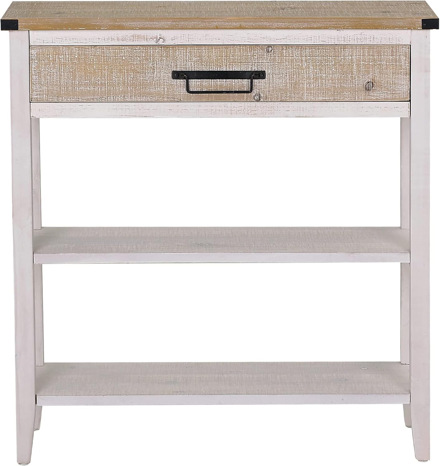 RUSTOWN Farmhouse Console Table with Drawer, 3-Tier Rustic Entryway Table with Open Storage Shelves and Handmade Metal Handle, Narrow Foyer Sofa Table for Living Room, Entryway, Hallway (Washed White)