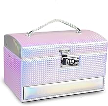 Shamax® Holographic Jewelry Box with Number Lock & Mirror – Travel Makeup Vanity Organizer Case with Drawers, Jewelry & Makeup Storage Box Compartments & Handle for Women & Girls