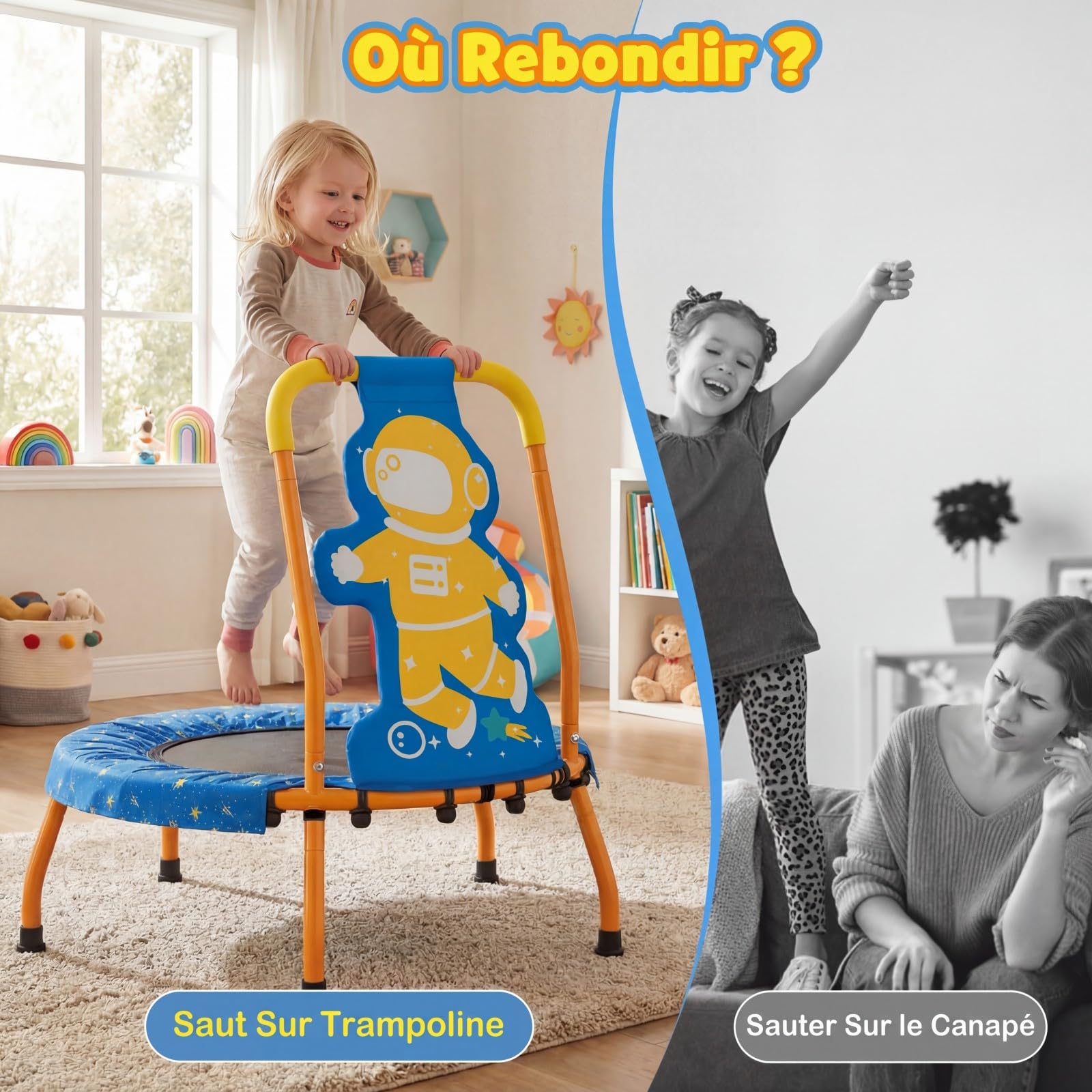 GYMAX Petit Trampoline Intérieur Extérieur pour Enfants 3 à 6 Ans, avec Poignée en Mousse, Tapis de Saut sans Entraves, Charge Max.80kg, Motif Ludique