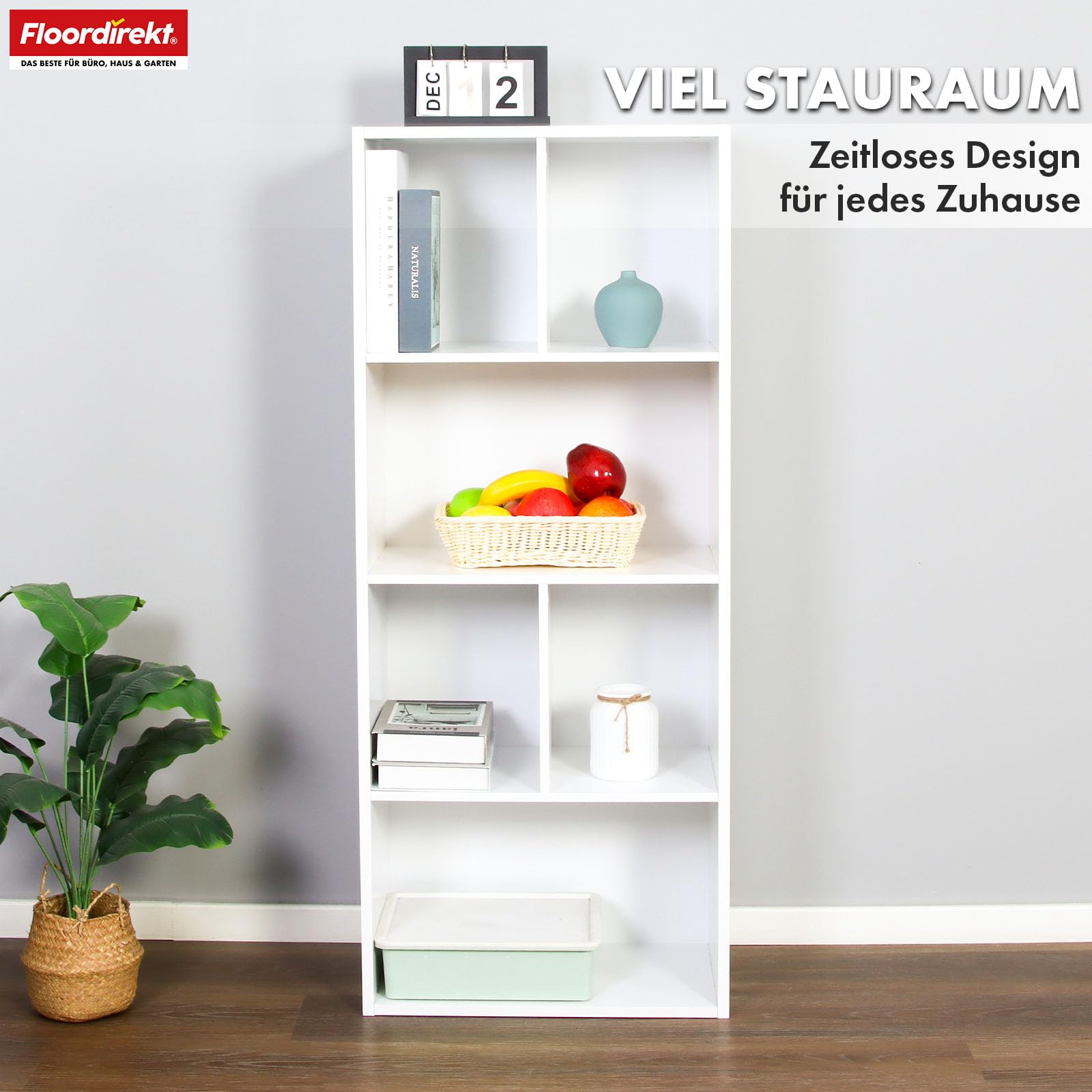 Floordirekt Regał na książki, biały z 6 półkami, regał w kształcie kostki, 29 x 50 szer. x 121 wys. cm, ścianka działowa do pokoju dziecięcego, salonu, biura i sypialni (California)
