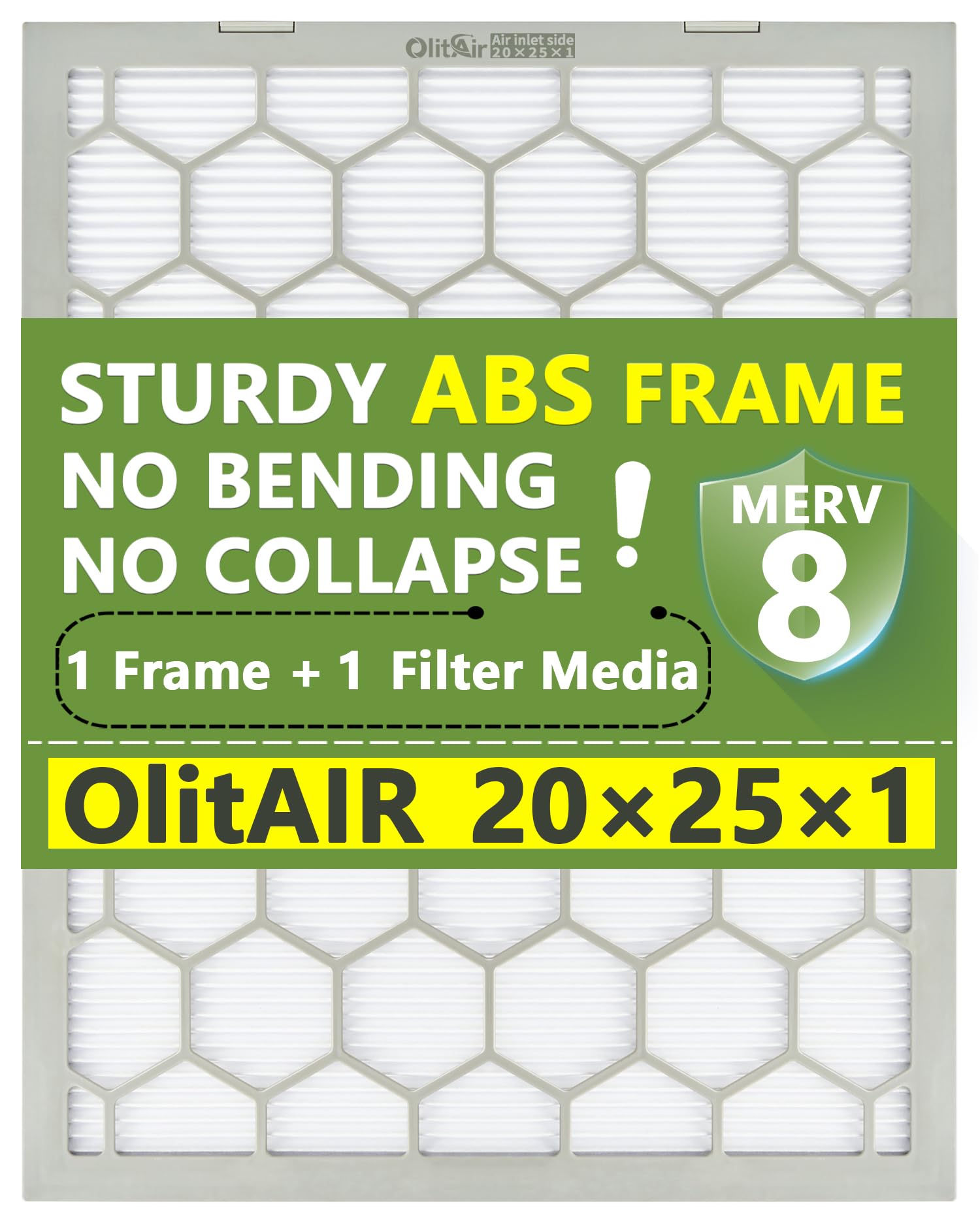 20x25x1 MERV 8 Air Filter,AC Furnace Air Filter,Reusable ABS Plastic Frame (Actual Size: 19 3/4" x 24 3/4" x 3/4")