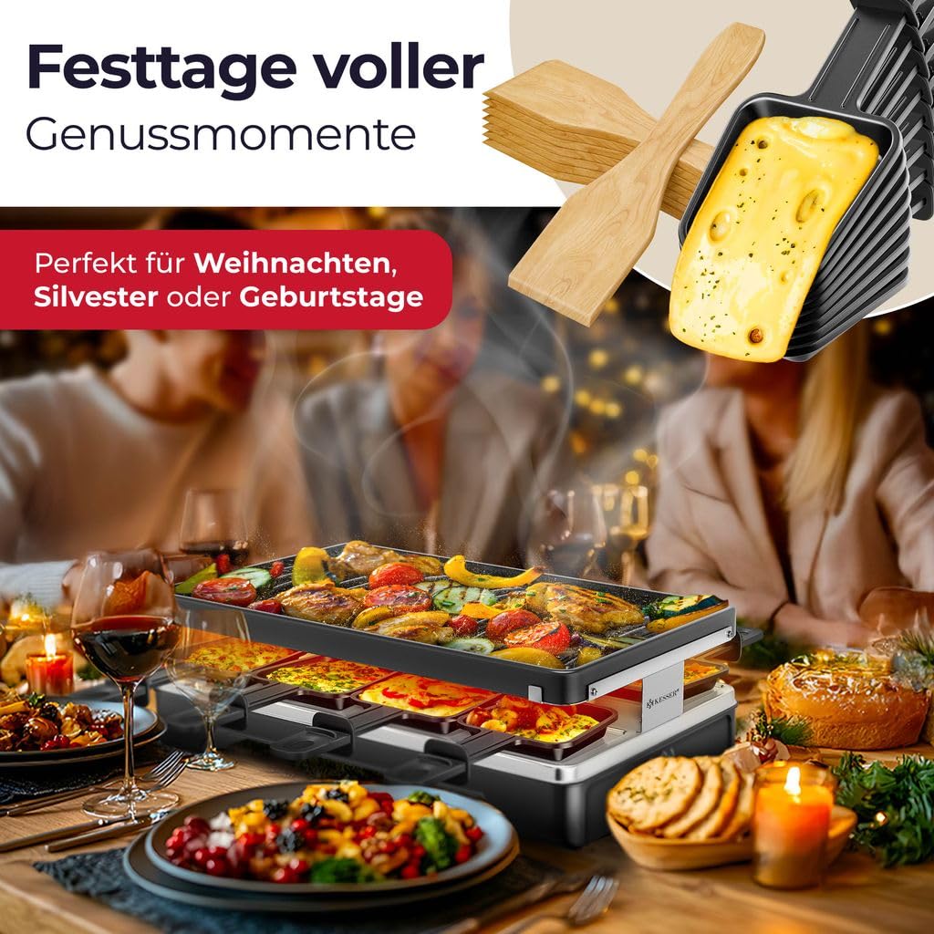 KESSER® Griglia per raclette con pietra naturale, piastra per grigliare griglia da tavolo per 8 persone, griglia elettrica per raclette con piastra antiaderente, 8 pentole e spatola, Nero