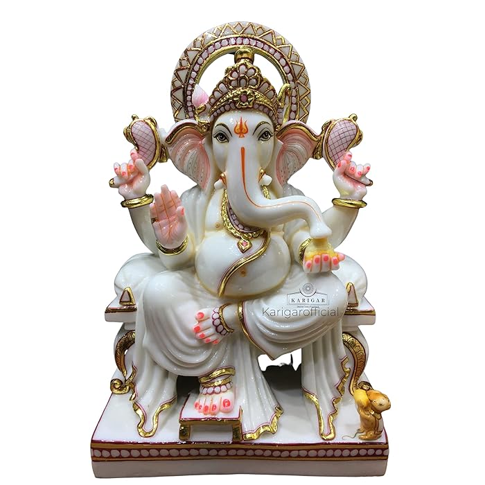 Buy Ganesha Murti Statue Large 18 inches White Golden Leaf Work Ganpati