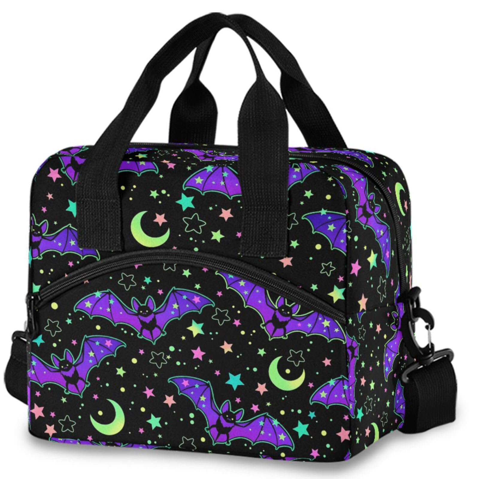 MNSRUU Insulated Lunch Bag with Adjustable Shoulder Strap - Magic Galaxy Bat Lunch Box Tote for Work, School
