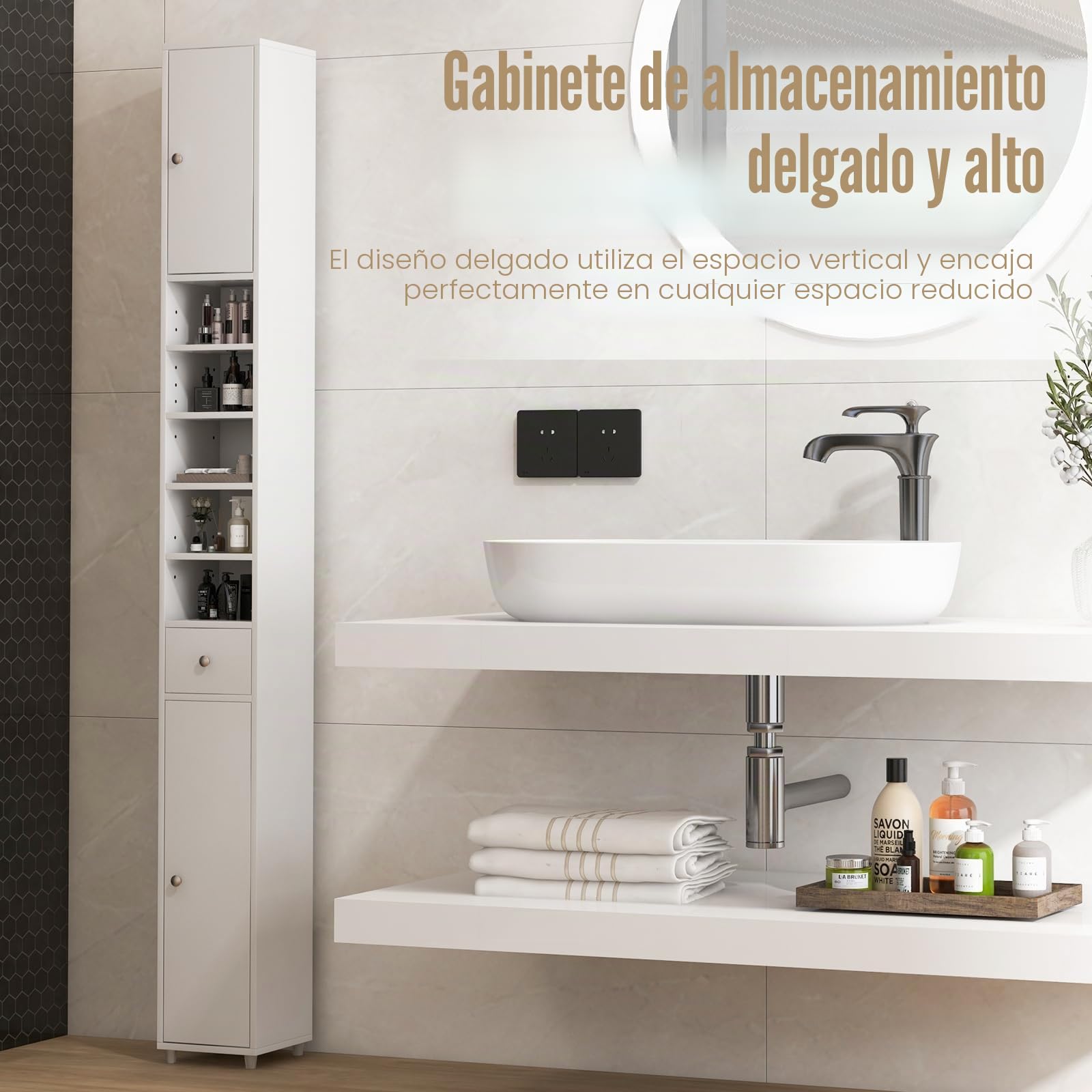 GIANTEX Armario de Baño Alto, Mueble Columna con 2 Puertas, 1 Cajón y Estantes Ajustables Abiertos, 20 x 20 x 180 cm, Mueble Auxiliar Estrecho para Salón, Dormitorio (5 Estantes, Blanco)