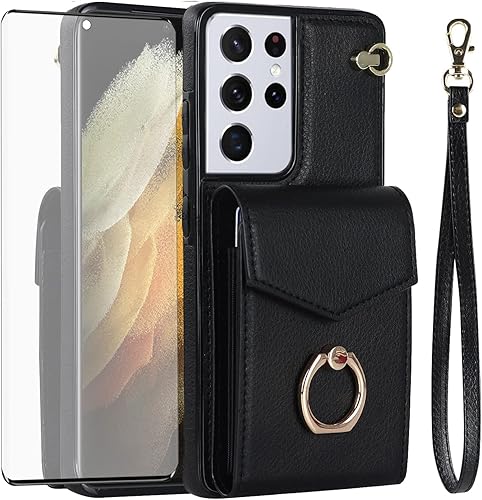 Asuwish Funda de teléfono para Samsung Galaxy S21 Ultra 5G Funda tipo cartera con protector de pantalla de vidrio templado y anillo de bloqueo RFID,