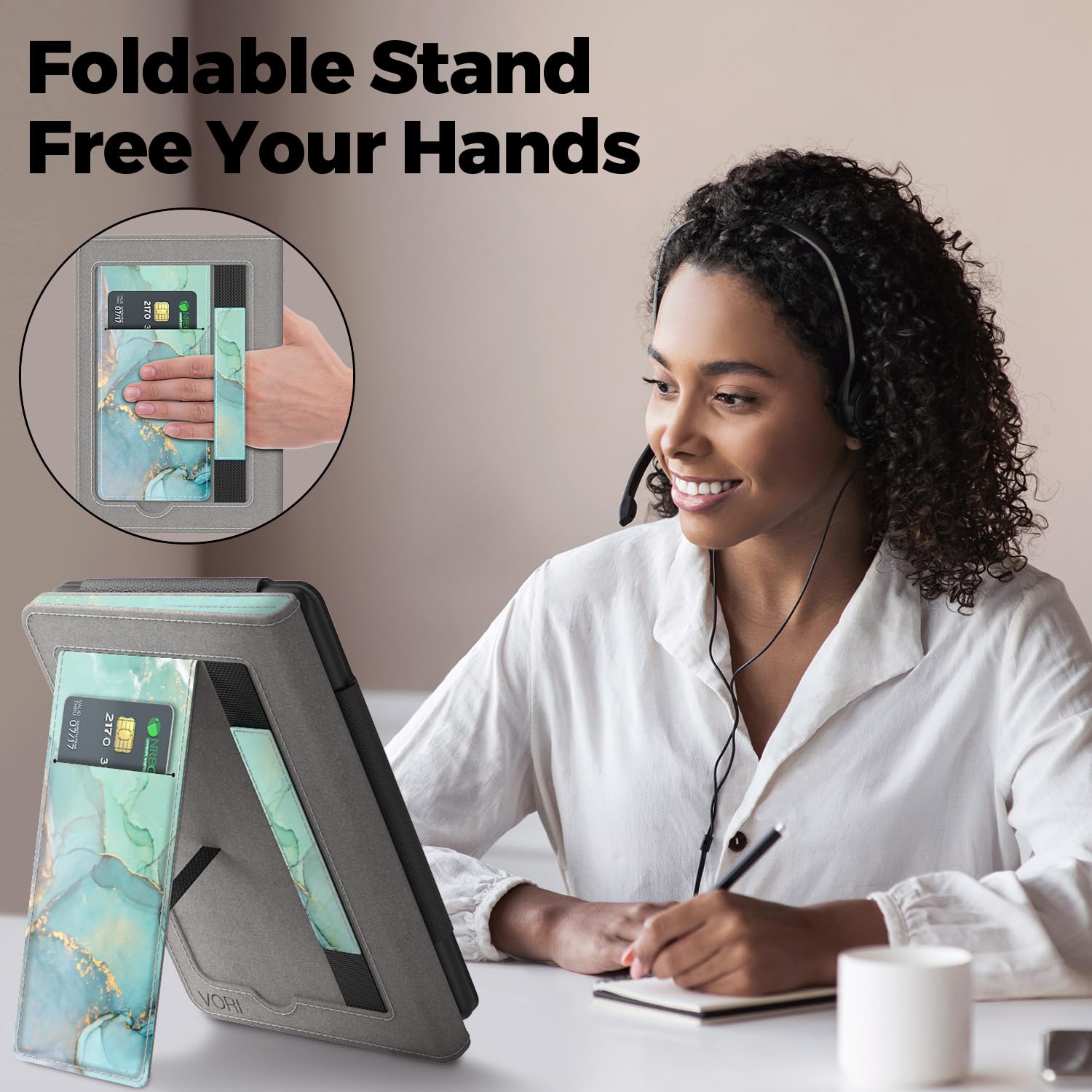 VORI Stand Case für Kindle Paperwhite (11th Generation-2021) und Kindle Paperwhite Signature Edition, PU Leder Hülle Smart Schutzhülle mit Auto Wake/Sleep und Handschlaufe, Smaragd Marmor