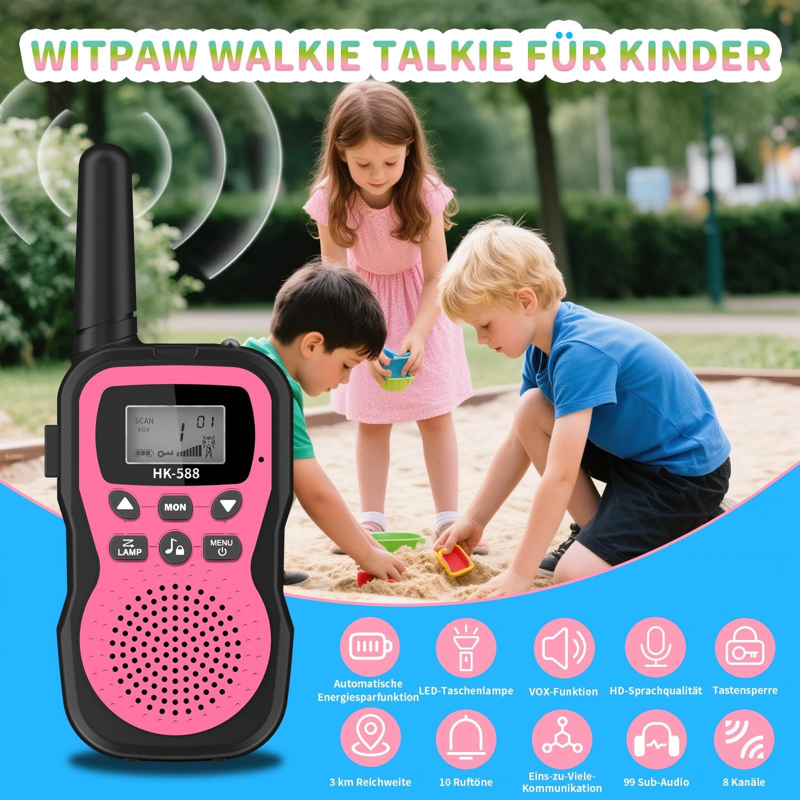 3er Set Walkie Talkie Kinder Aufladbar, 8 Kanäle, 48h Betrieb, Taschenlampe, 3 Kilometer Walkie Talkie Set，Geschenk für Jungen & Mädchen ab 3 Jahren – ideal für Camping, Spielplatz & Spielen