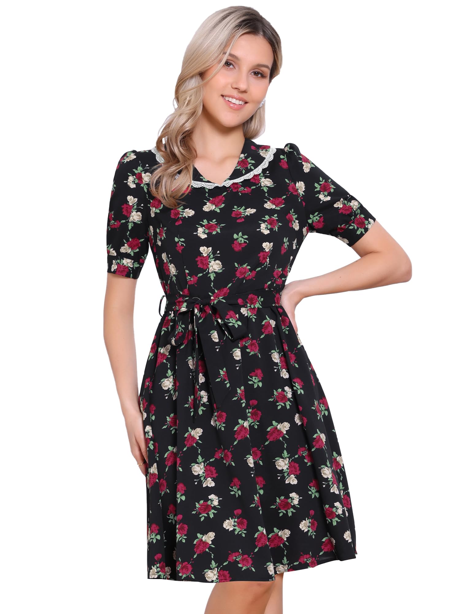 Allegra K Womens Vintage Peter Pan Collar Flowy Midi Floral Dress