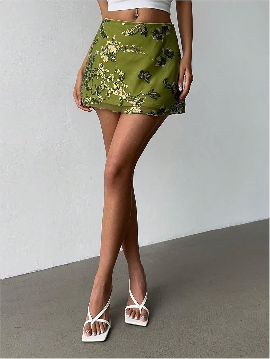 MakeMeChic Women's Sequin Skirt Summer Floral Mesh Glitter Sparkly Mini Skirt - Image 6