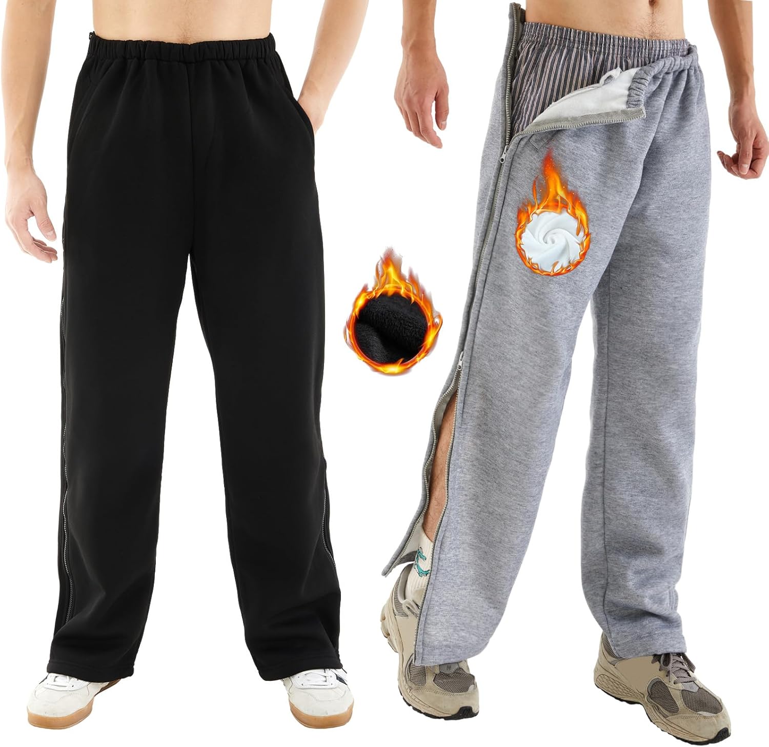 Hercicy 2 Pack Men's Fleece Tearaway Pants with Pockets, Full Open Bottom Pants, Post Surgery Pants, Unisex(Black & Gray)