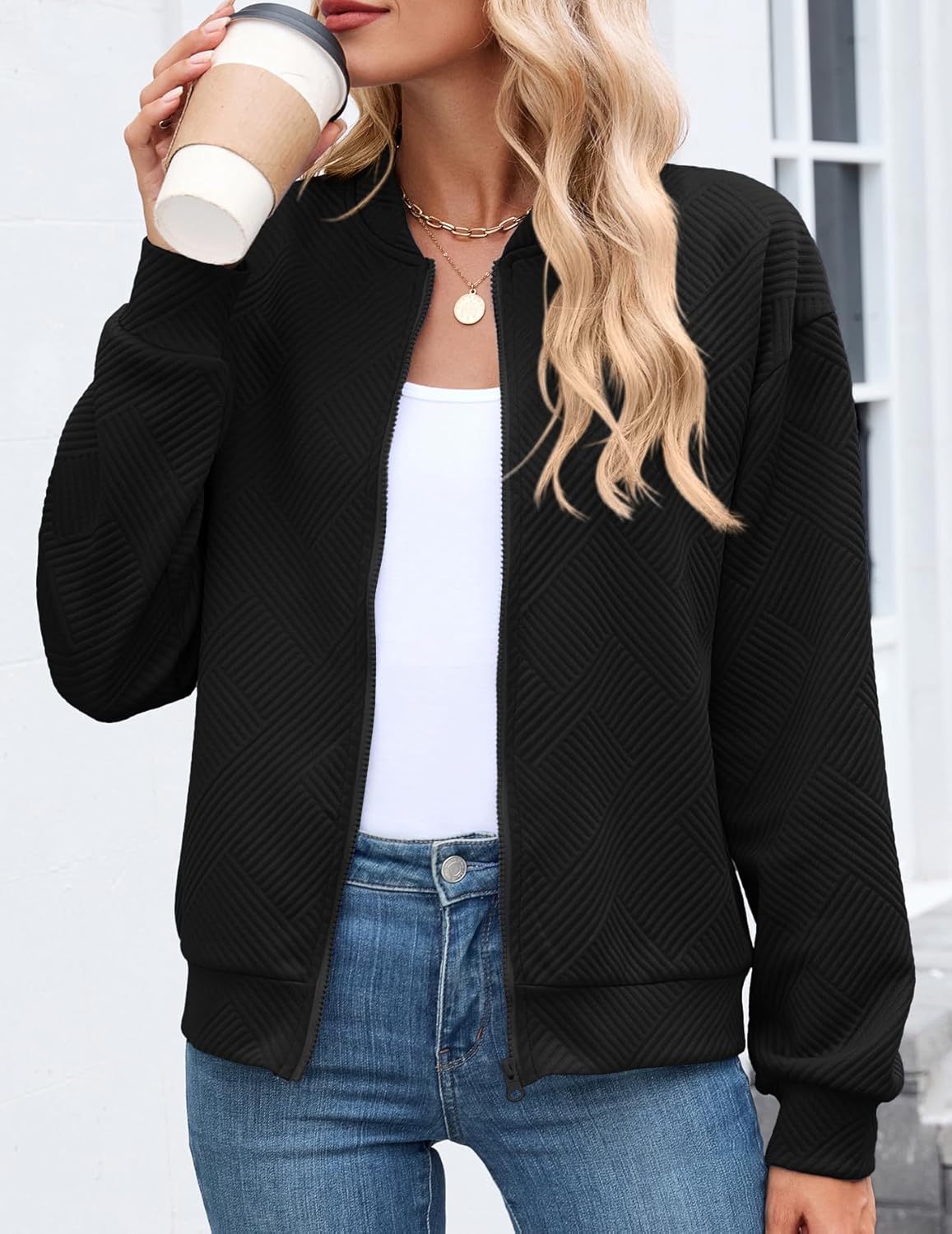 WROLEM Womens Casual Zip up Jackets Comfy Long Sleeve Textured Bomber Jacket Coat Loose Fit Fashion Outfits - Image 3
