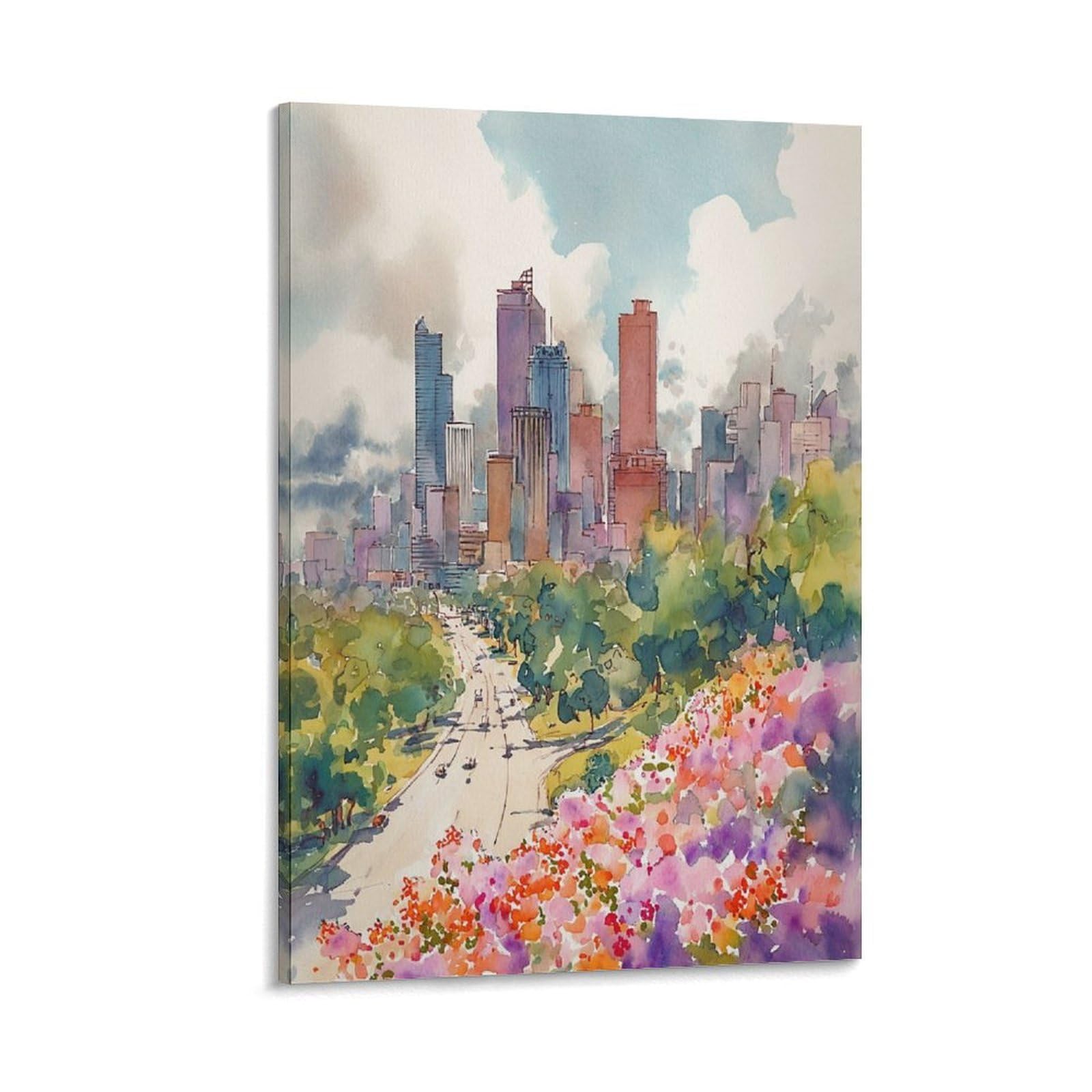 XWYMXZ Calgary Skyline Watercolor Painting Canada Travel Poster 24x36inch(60x90cm) Vintage Watercolor Canvas Art